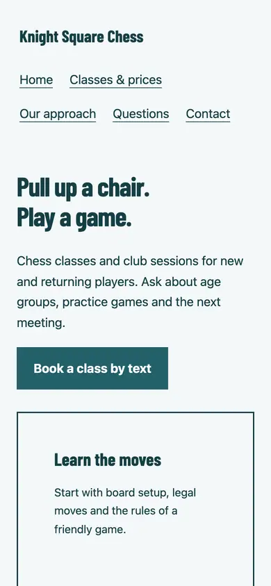 Look 1, Open chess tables: sample home page on a phone