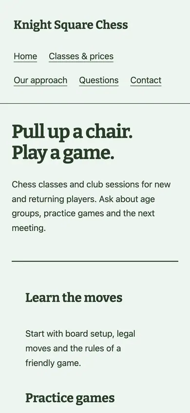 Look 2, Club pairing sheet: sample home page on a phone