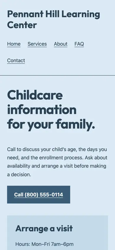 Look 1, Family visit card: sample home page on a phone