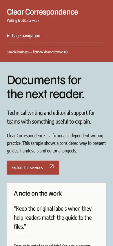 Look 1, Clear Correspondence: sample home page on a phone