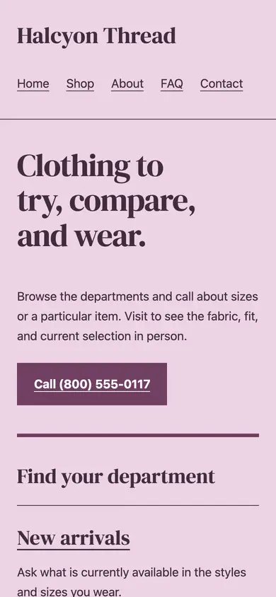 Look 1, Garment-care folder: sample home page on a phone