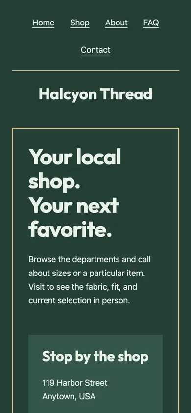 Look 2, Neighborhood shop card: sample home page on a phone