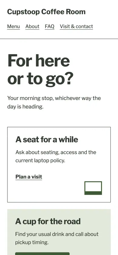 Look 2, For here or to go: sample home page on a phone
