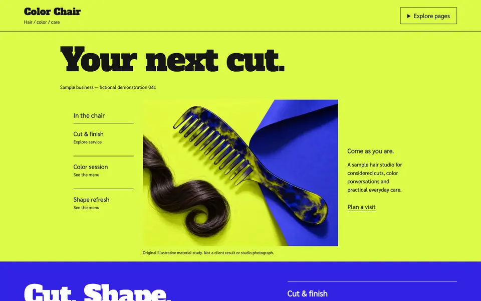 Look 1, Color Chair: sample home page on a computer
