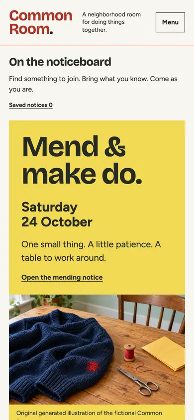 Look 1, Common Room: sample home page on a phone