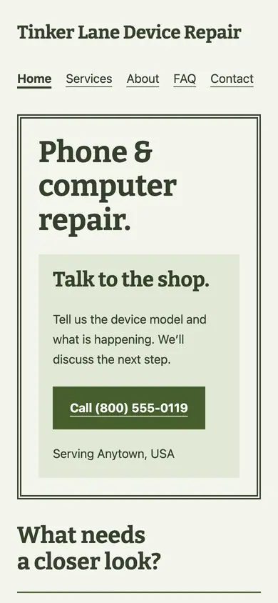 Look 2, Neighborhood repair window: sample home page on a phone