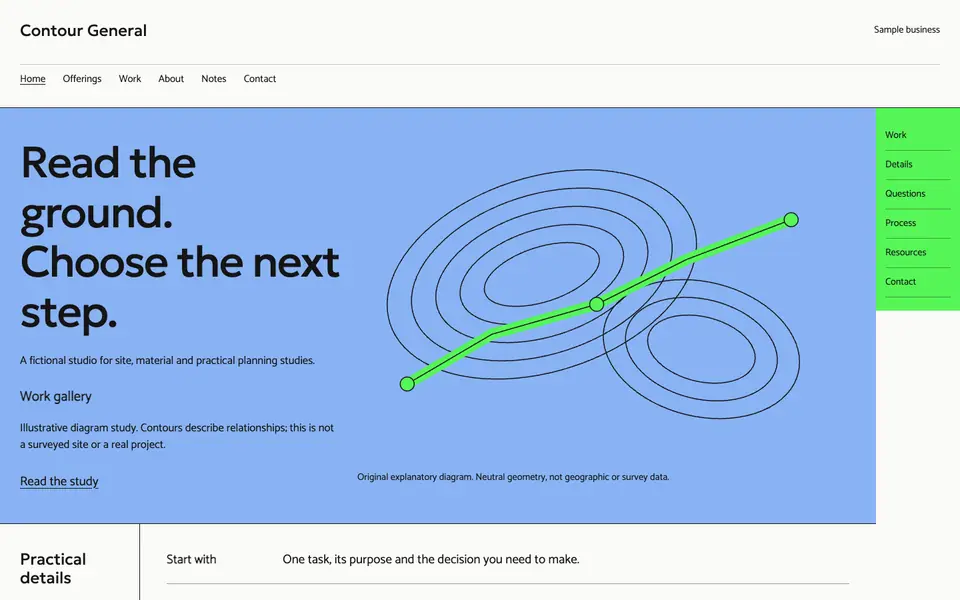 Look 1, Contour General: sample home page on a computer