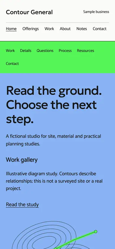 Look 1, Contour General: sample home page on a phone