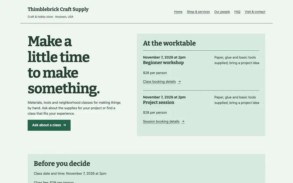 Look 1, Workshop calendar: sample home page on a computer