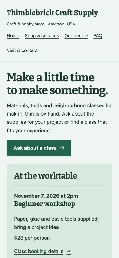 Look 1, Workshop calendar: sample home page on a phone