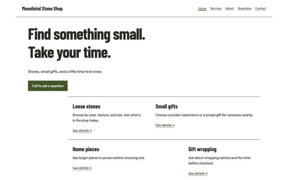 Look 1, Neighborhood stone shelves: sample home page on a computer
