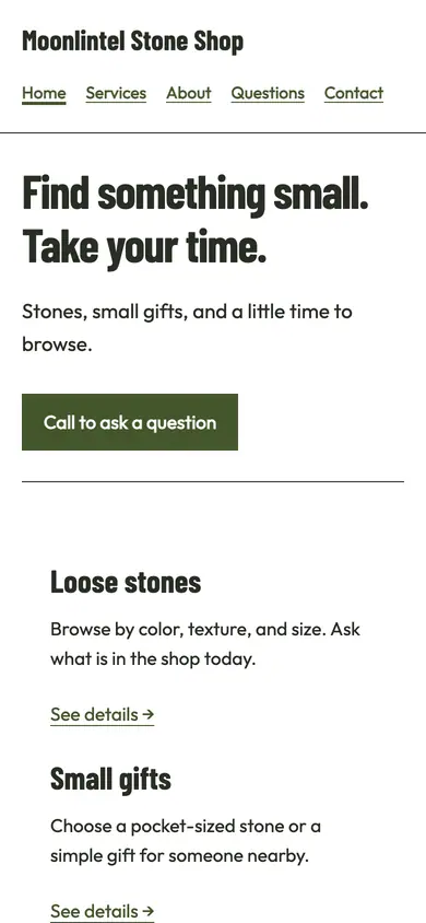 Look 1, Neighborhood stone shelves: sample home page on a phone