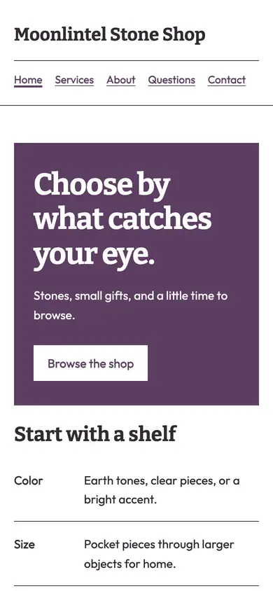 Look 2, Stone finding guide: sample home page on a phone
