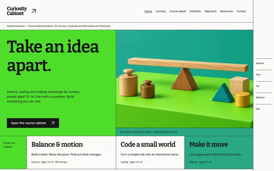 Look 1, Curiosity Cabinet: sample home page on a computer