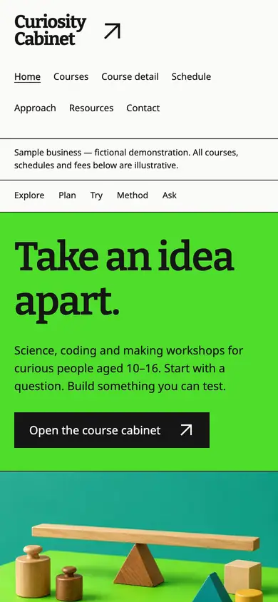 Look 1, Curiosity Cabinet: sample home page on a phone