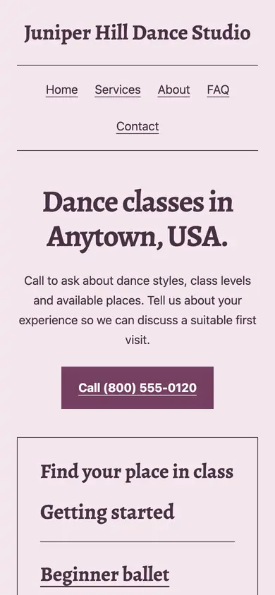 Look 1, Neighborhood dance playbill: sample home page on a phone