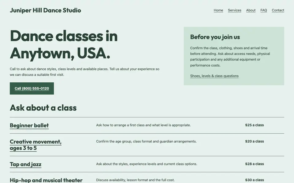 Look 2, Dance class noticeboard: sample home page on a computer