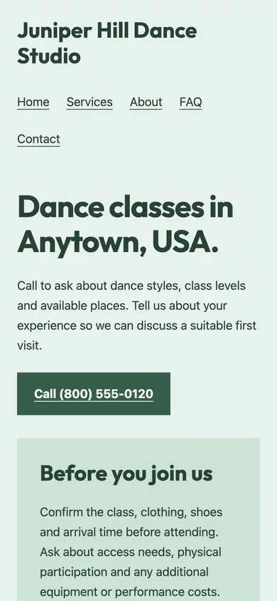 Look 2, Dance class noticeboard: sample home page on a phone
