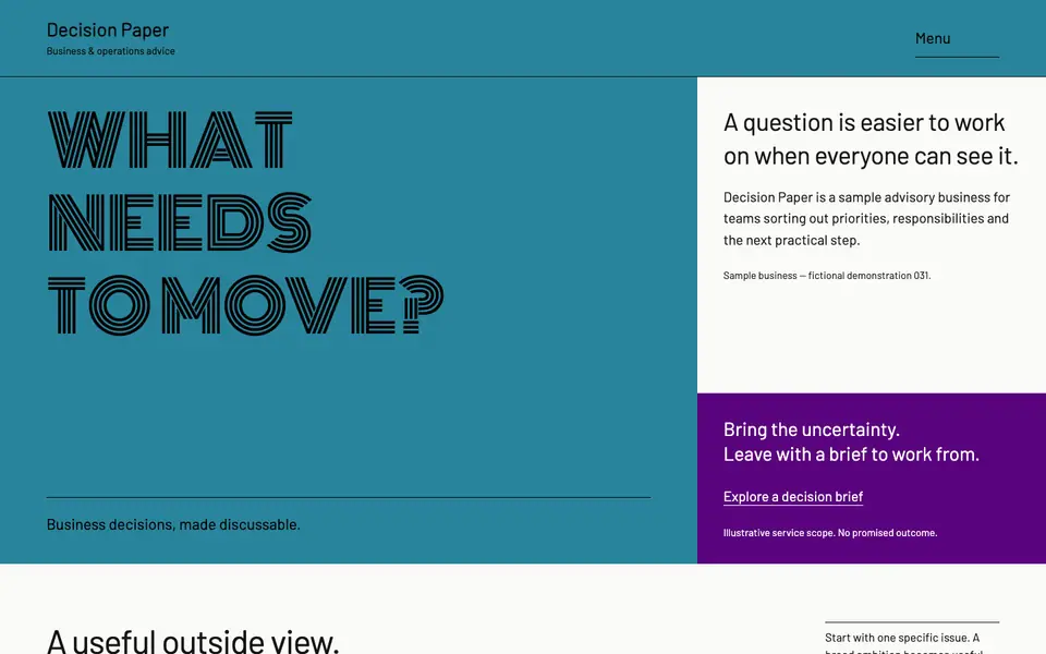 Look 1, Decision Paper: sample home page on a computer