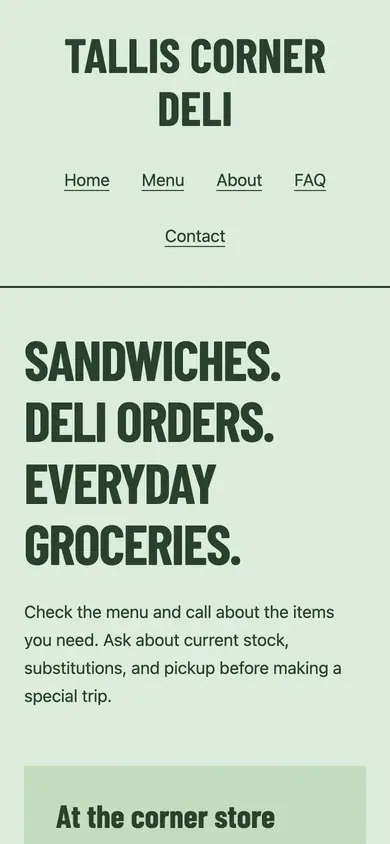 Look 1, Corner-store provisions window: sample home page on a phone