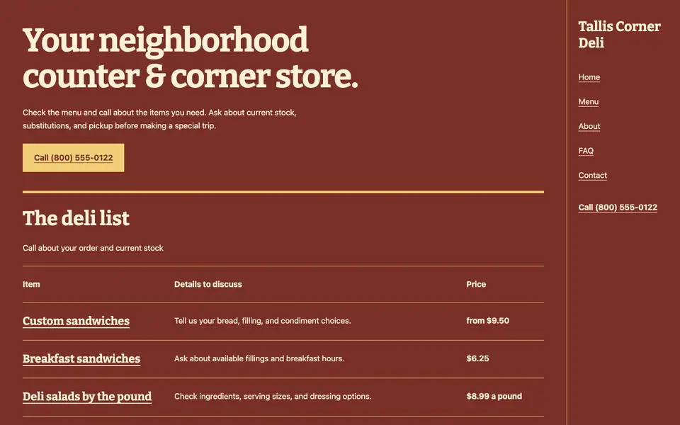 Look 2, Deli window menu: sample home page on a computer