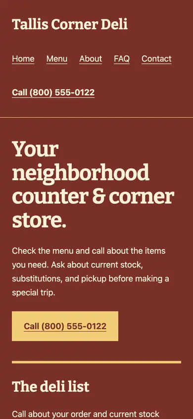 Look 2, Deli window menu: sample home page on a phone