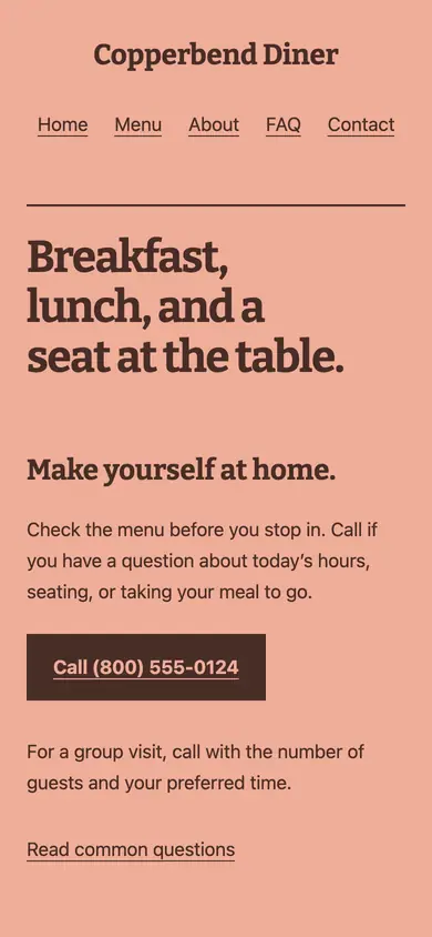 Look 3, Corner cafe sign: sample home page on a phone