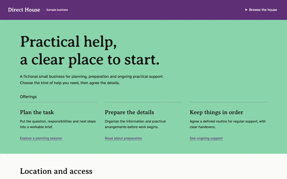 Look 1, Direct House: sample home page on a computer