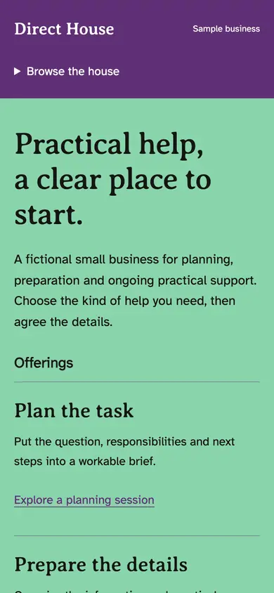 Look 1, Direct House: sample home page on a phone