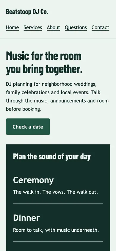 Look 1, Reception cue lanes: sample home page on a phone