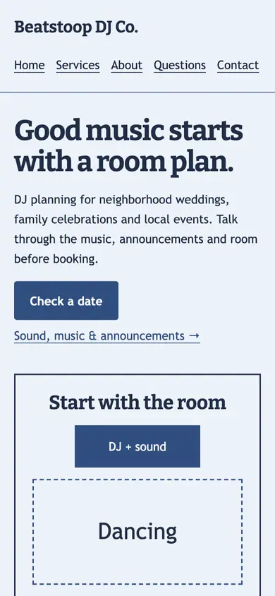 Look 3, Sound coverage floor plan: sample home page on a phone