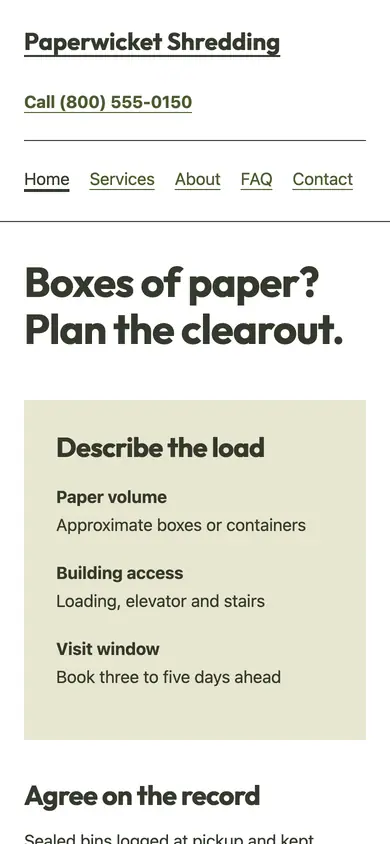 Look 2, The archive clearout docket: sample home page on a phone