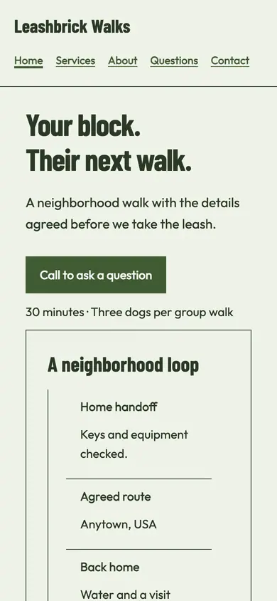 Look 1, Neighborhood walking route: sample home page on a phone