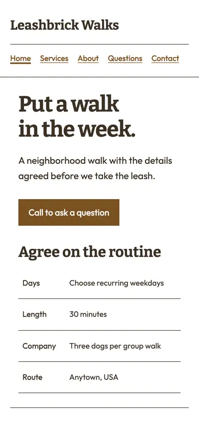 Look 2, Weekly walk roster: sample home page on a phone