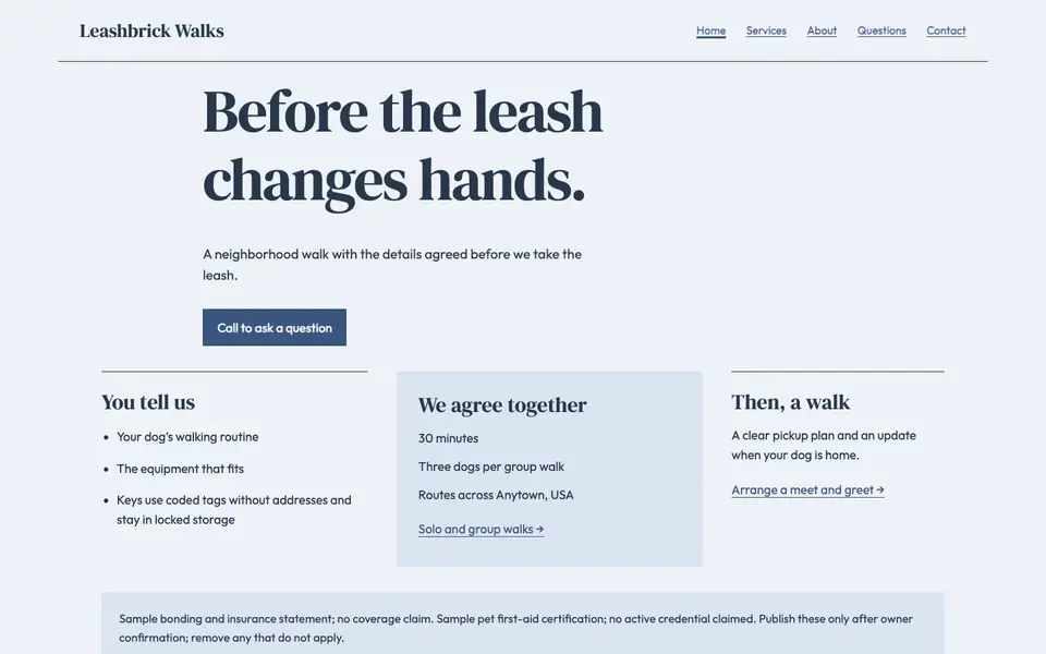 Look 3, Leash handoff plan: sample home page on a computer