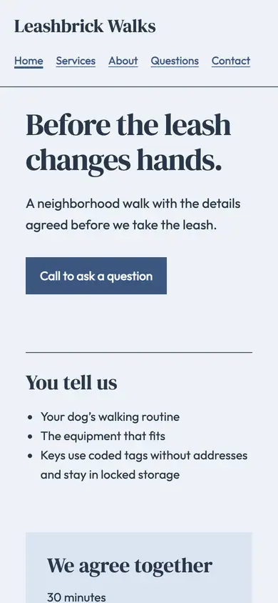 Look 3, Leash handoff plan: sample home page on a phone