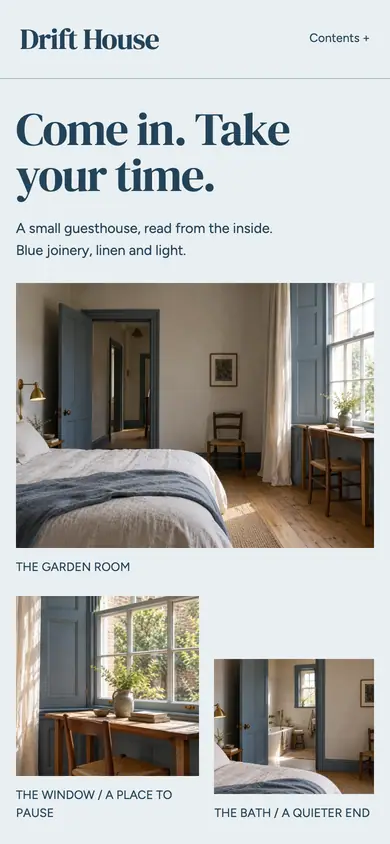 Look 1, Drift House: sample home page on a phone