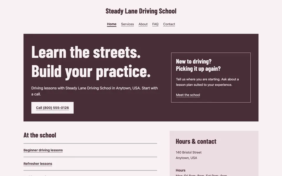 Look 2, Main-street driving school: sample home page on a computer