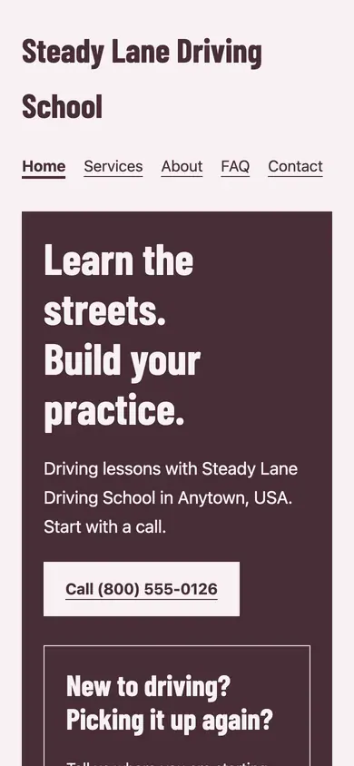 Look 2, Main-street driving school: sample home page on a phone