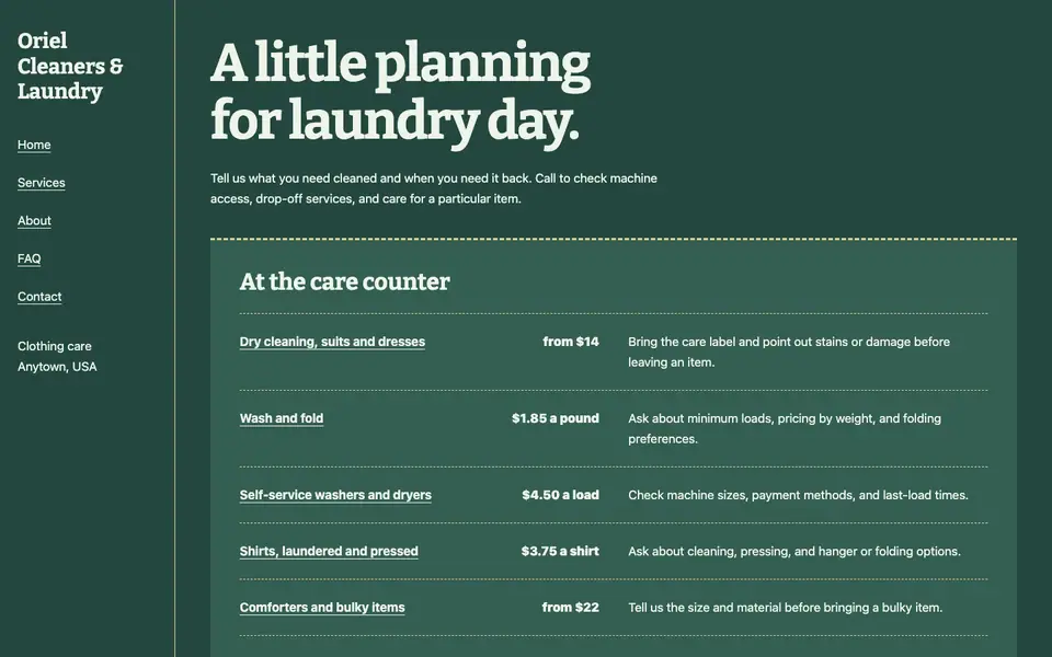 Look 2, Laundry collection receipt: sample home page on a computer