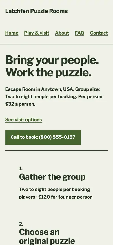 Look 2, Puzzle path briefing: sample home page on a phone