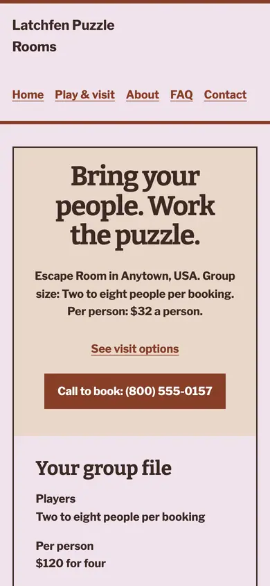 Look 3, Group booking dossier: sample home page on a phone