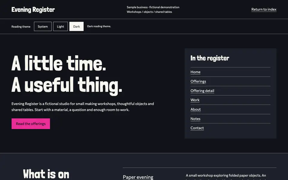 Look 1, Evening Register: sample home page on a computer
