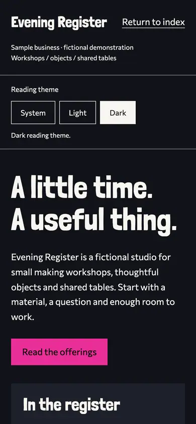 Look 1, Evening Register: sample home page on a phone
