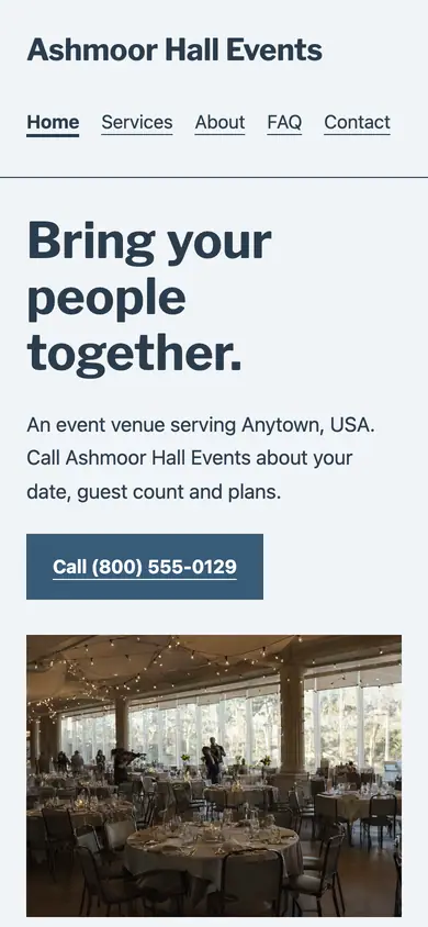 Look 1, Neighborhood hall booking ledger: sample home page on a phone