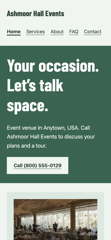 Look 3, Venue tour card: sample home page on a phone