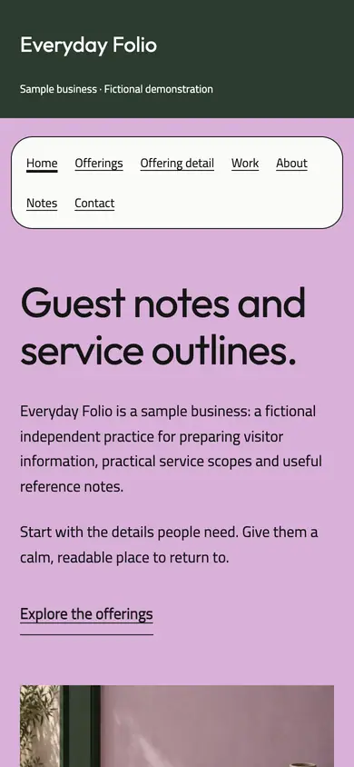 Look 1, Everyday Folio: sample home page on a phone