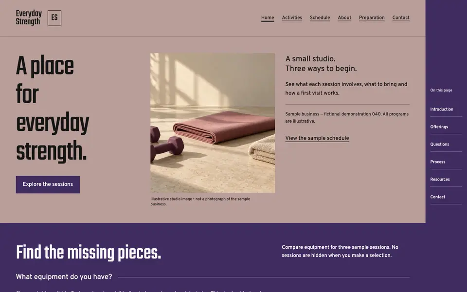 Look 1, Everyday Strength: sample home page on a computer