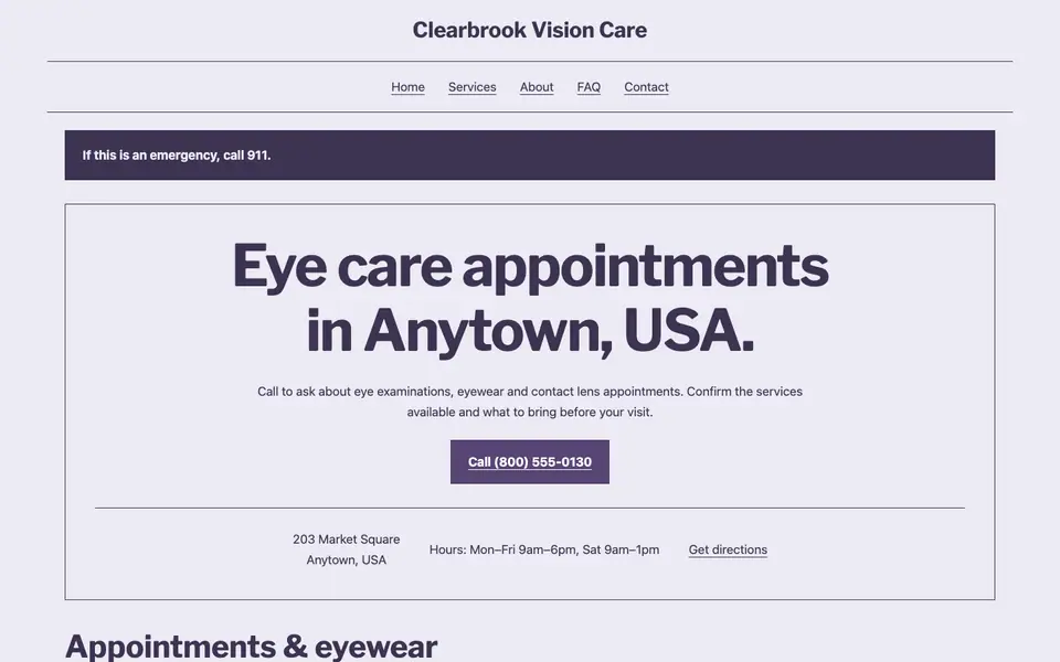 Look 1, Optometrist appointment card: sample home page on a computer