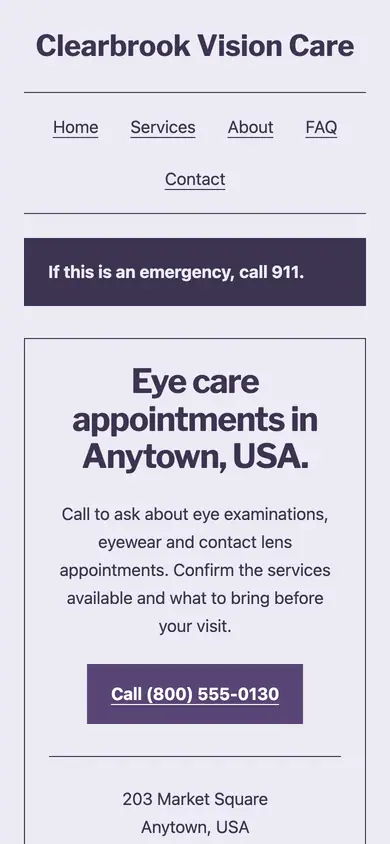 Look 1, Optometrist appointment card: sample home page on a phone